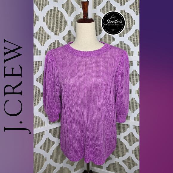 J. Crew NWT Purple Linen Ribbed Knit Short Puff Sleeve Sweater Size Large - Picture 1 of 11